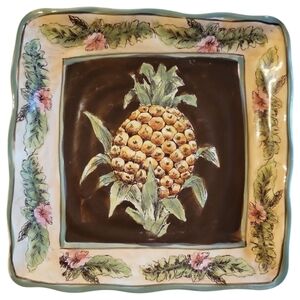 Vtg Square Ceramic Welcoming Pineapple Floral Leaf Luncheon Salad Plate 9"